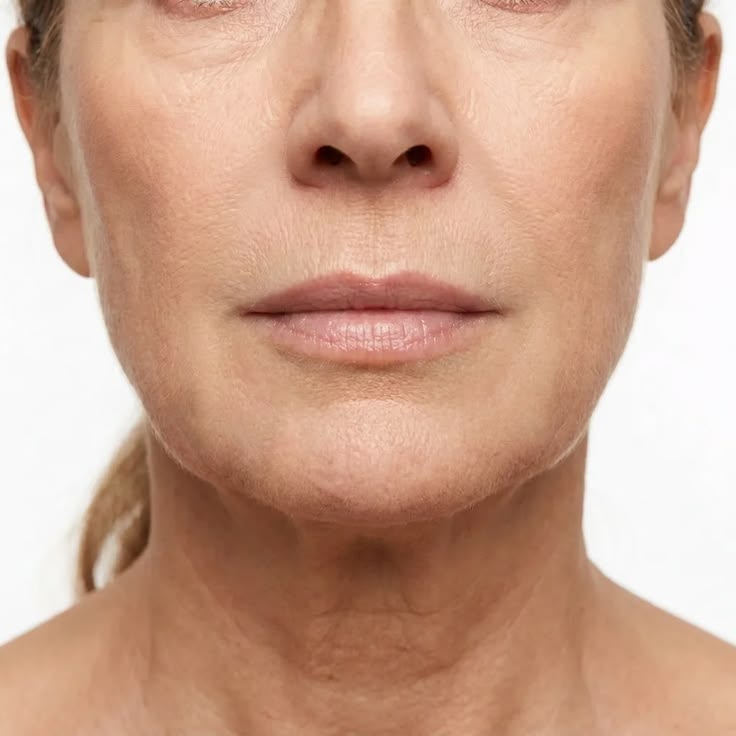 Close-up of a woman's lower face, mouth, and neck showing natural skin texture and wrinkles against a plain white background.