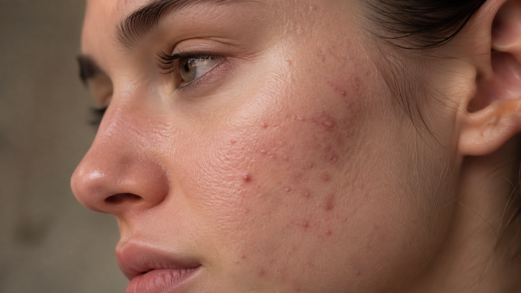 Close-up side profile of a woman's face showing acne blemishes on her cheek, with her ear and hair visible against a soft neutral background.
