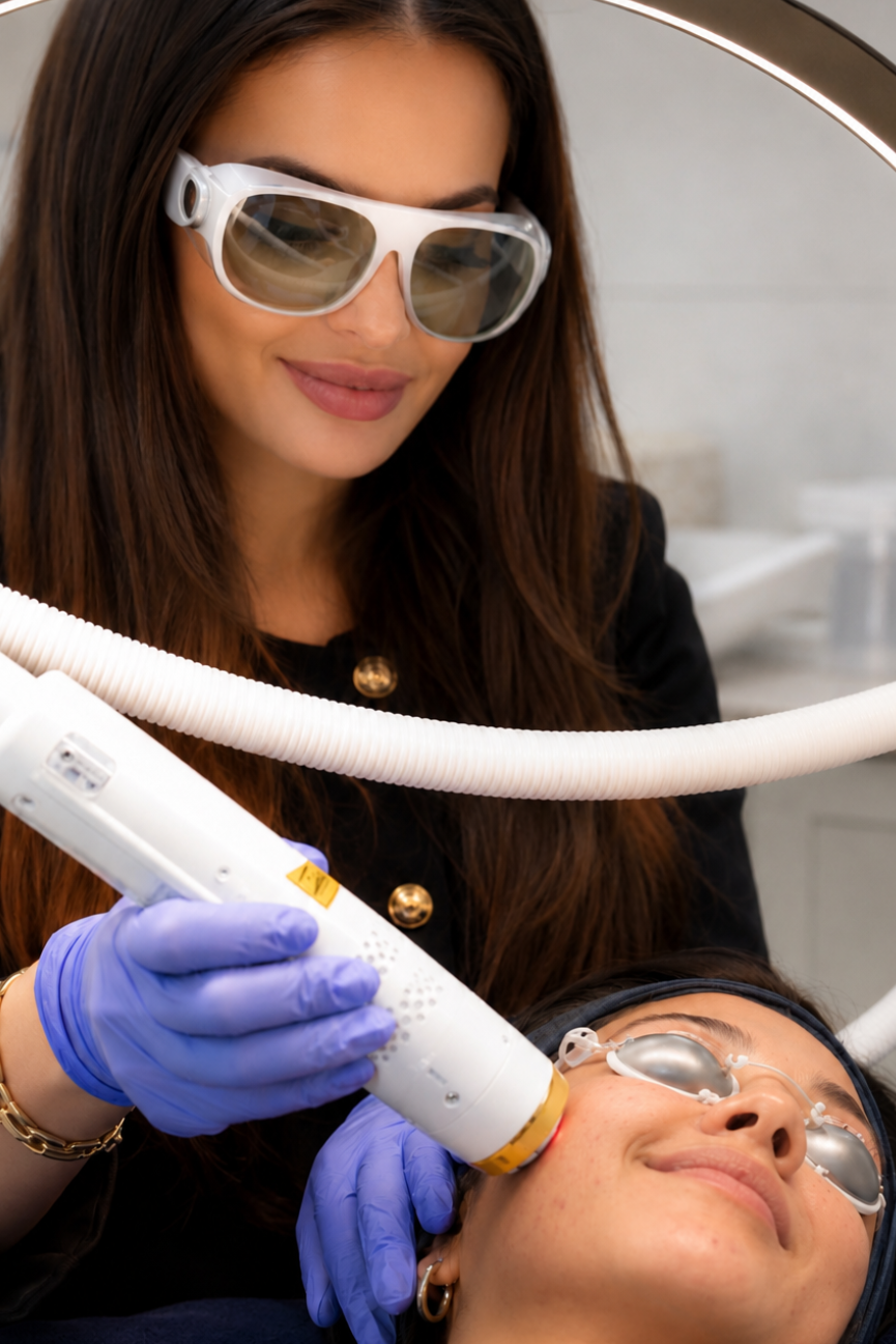 A beauty therapist wearing white protective glasses, blue gloves, and a black top uses a white handheld device with a gold accent on a client's face during a treatment. The client lies under a large ring light in a bright treatment room.
