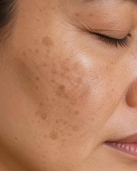 Close-up of a woman's face showing hyperpigmentation and dark spots on her cheek, with her eyes closed.