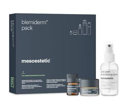Mesoestetic blemiderm pack with various skincare products on a white background